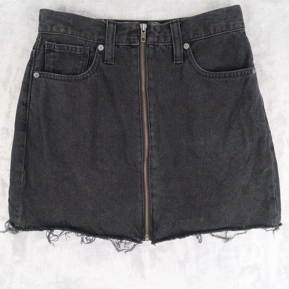 Madewell Mini Skirt Women 26 Black Rigid Denim A-Line Zip Front Raw Hem Festival
